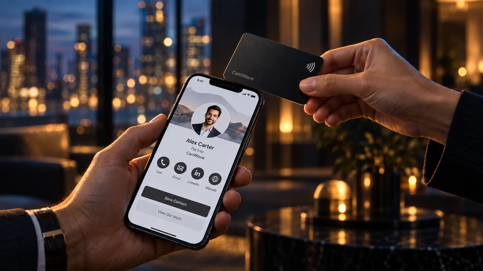 Hands tapping a black NFC card against a phone displaying a digital profile