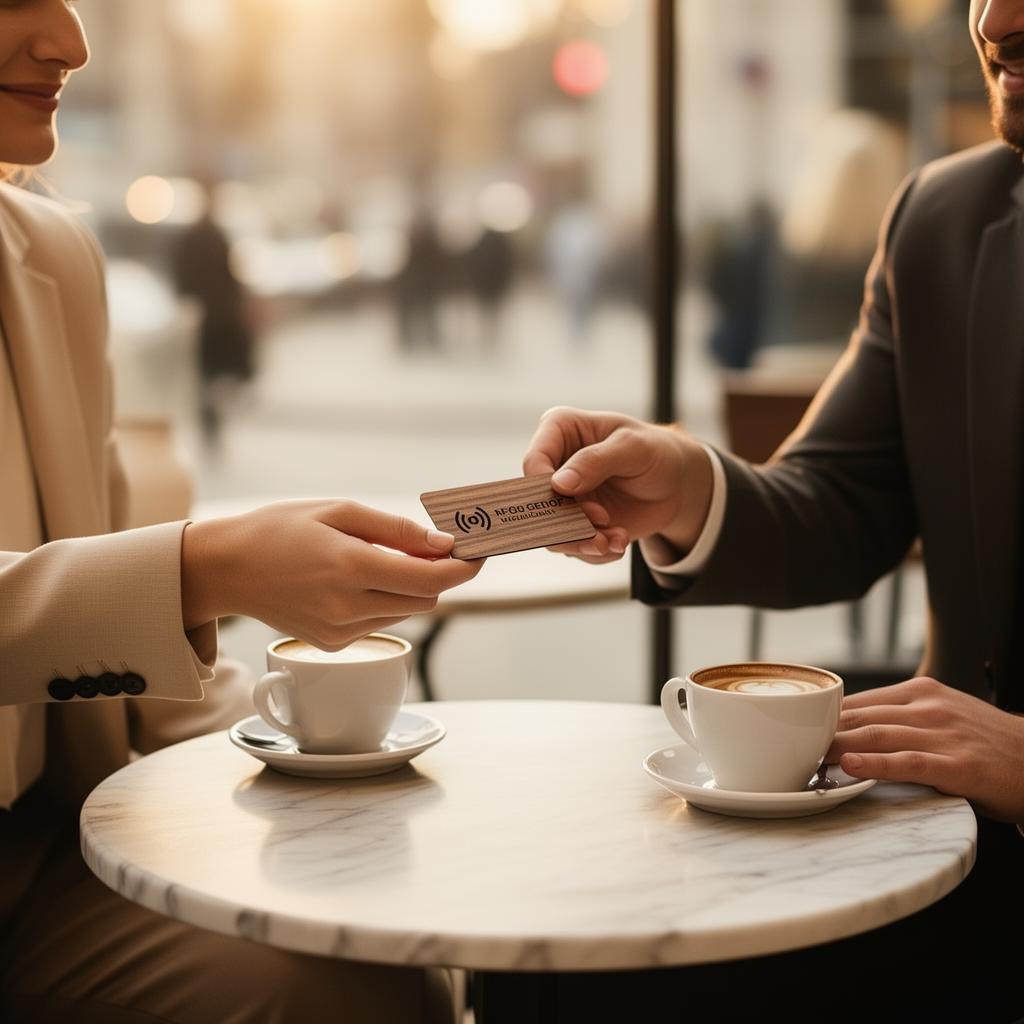 Two people exchanging a CardWave card