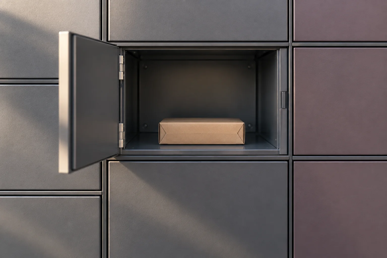 A small parcel inside an open graphite pickup locker.